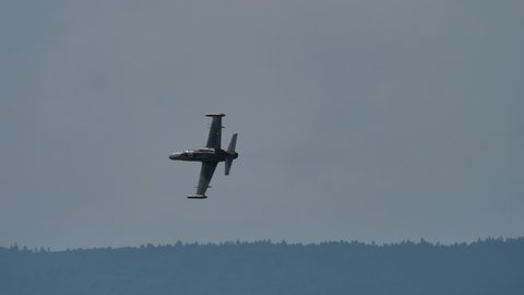 Maribor Airshow Slovenia AUGUST, 15, 2021 Military airplane doing rolls. Aero Vodochody L-159 ALCA light combat aircraft and advanced jet trainer airplane of Czech Air Force 
