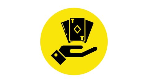 Black Hand holding deck of playing cards icon isolated on white background. Casino gambling. 4K Video motion graphic animation.