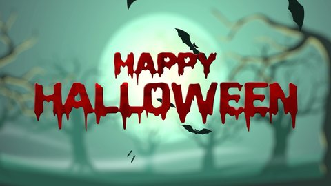 Halloween landscape with flying bats and text Happy Halloween. Animation, 4k stock footage