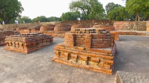The Ancient Ruins of the Archaeological Site in Sanarth, Varanasi, India with Close Up of Brick Pedestals.