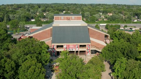 Nashville , TN , United States - 08 11 2021: Grand Old Opry House tourist attraction. Country Music City capital of USA. Aerial on exterior of famous building theater.