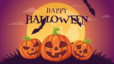 Happy Halloween. Animation with moon, pumpkins, bats. 4k stock footage