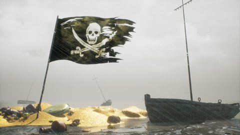 A pirate flag next to a pirate treasure on a tropical island. The concept of maritime adventure in the Middle Ages. The loopable animation is ideal for historical, pirate and adventure backgrounds.