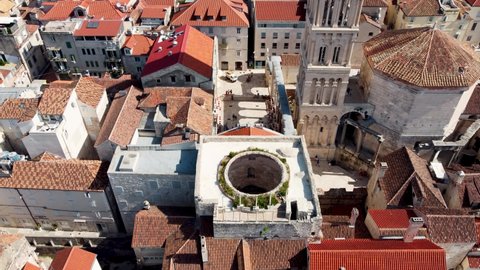 Drone view of the Catholic Cathedral in Split, Croatia. Drone shot of Split Cathedral. Cathedral of Saint Dujm in Croatia. Drone shot Croatian city of Split. Ruins of Diocletian's palace in the city.