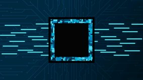 Advanced Technology Concept Visualization: Circuit Board CPU Processor Microchip. Digital Lines Move Data. 4K seamless loop video footage