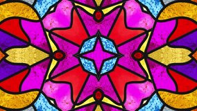 Stained glass window. Color glass. Stylized flowers. Kaleidoscopic dynamic background. Transparency. Seamless looping animation footage. Psychedelic motion design. Dj loop. Vj loops. Multicolor. 4K