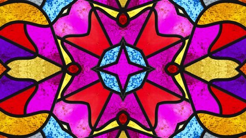 Stained glass window. Color glass. Stylized flowers. Kaleidoscopic dynamic background. Transparency. Seamless looping animation footage. Psychedelic motion design. Dj loop. Vj loops. Multicolor. 4K