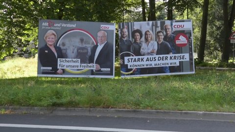 Duesseldorf, Germany - September 02, 2021: Advertising posters and banners for German federal election. Poster.