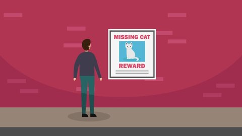 Young man animation looking at missing cat poster on the wall while standing in the street. Cartoon in 4k resolution