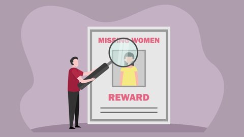 Young man animation using magnifying glass while looking at missing woman poster. Cartoon in 4k resolution