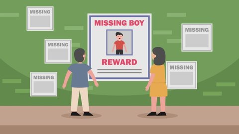 Sad young parents animation put missing boy poster on the wall while standing on the street. Cartoon in 4k resolution