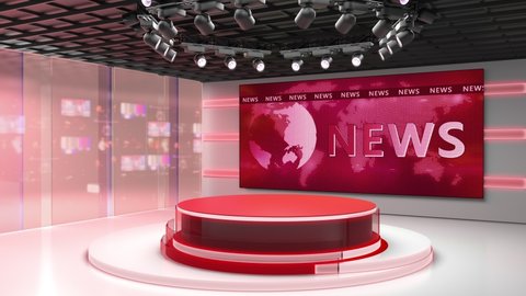 3D illustration Tv studio. News room. Red background. News Studio. Studio Background. Newsroom bakground. The perfect backdrop for any green screen or chroma key production.