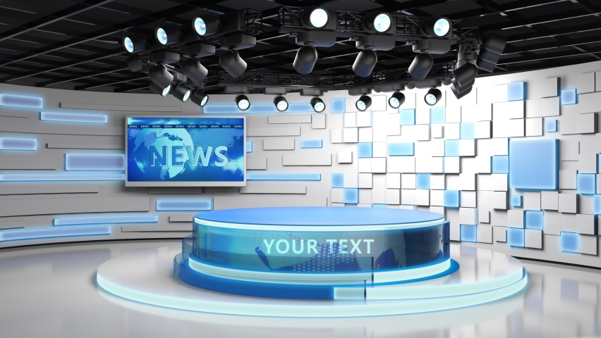 Tv studio. News room. Blye and red background. General and close-up shot. News Studio. Studio Background. Newsroom bakground. The perfect backdrop for any green screen or chroma key video production Royalty-Free Stock Footage #1078936196