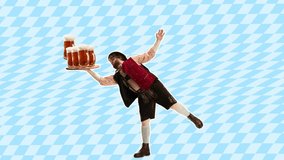 Stop motion design or art animation. Oktoberfest young man in hat, wearing a traditional Bavarian clothes juggling glasses with beer, 4k video animated. Modern, conceptual, contemporary art collage.