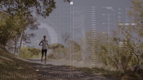 Animation of digital screen and data processing over fit woman running. global sports, fitness and data processing concept digitally generated video.