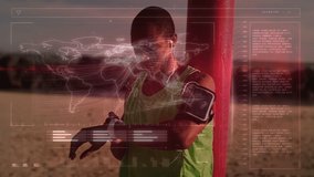 Animation of digital screen and world map over fit man checking smartwatch. global sports, fitness and data processing concept digitally generated video. - Powered by Shutterstock - Get 15% off with code: PIKWIZARD15