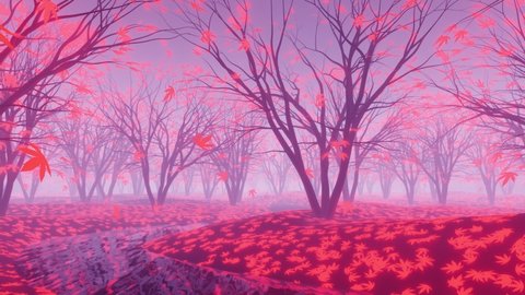 Autumn forest with red leaves 3D Background render