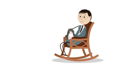 a man sits in a rocking chair stroking a cat and dreams, cartoon. animation.