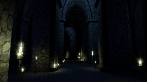 
Scary medieval church at night. Endless stone corridor with candles. 3d rendering. Seamless loop