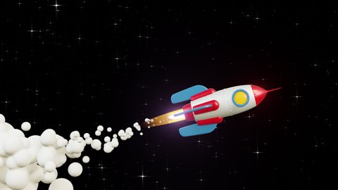 Rocket 3d with exhaust smoke flying in the space. Cartoon rocket boost in space. 3d looped animation.