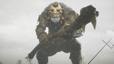 An enraged troll strikes his enemy with his battle club. Fantasy Medieval Concept. A giant troll on a wild island. The animation is designed for historical, medieval or fantasy backgrounds.