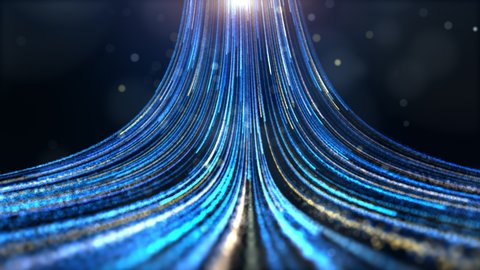 Seamless loop blue and gold futuristic particle beam stream, digital data flow. Dynamic pattern with power rays and light.
