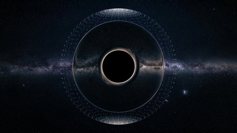 Black Hole expanding and vibrating with HUD detecting interface. Black hole event horizon with hologram elements in deep space. Futuristic black hole in cosmos with galaxy background. Universe.