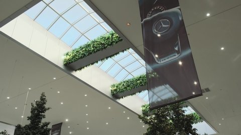 Rostov-on-Don, Russia - September 1, 2021: Mercedes salon. Panoramic roof with plants