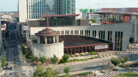 Nashville , TN , United States - 08 09 2021: Country Music Hall of Fame and Museum in downtown Nashville. Aerial establishing shot.
