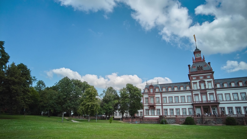 Time lapse in Hanau, Germany. View at the palace from the park.