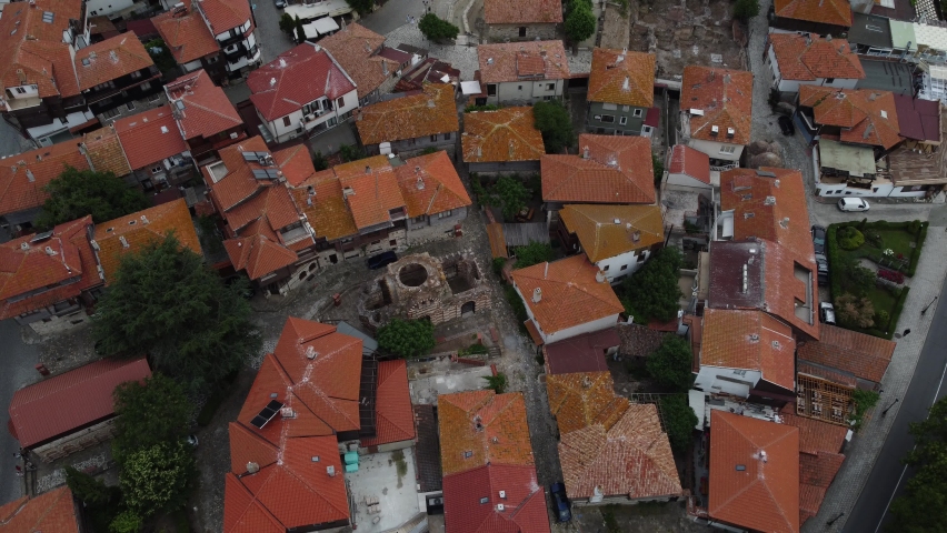 Nesebar june 2021.Panoramic view of Nessebar by drone. The ancient city is one of the largest sea resorts on the Bulgarian Black Sea coast. UNESCO included Nessebar in the World Heritage List in 1983.