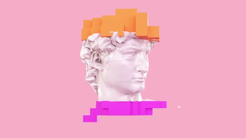 3d glitch of David head on pink background. Sculpture David 3D Glitch Animation. 3D animation. 4K. Ultra high definition. 3840x2160.
