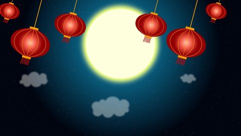 Swinging Chinese lanterns and floating lanterns on the moon sky