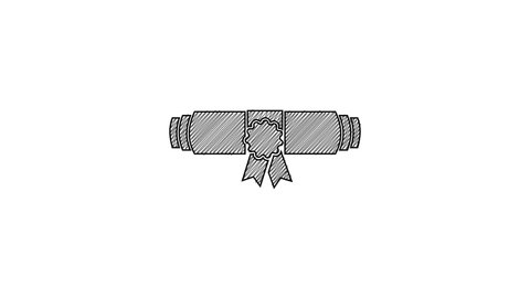 Black line Diploma rolled scroll with stamp and ribbon icon isolated on white background. Paper scroll with wax seal. Business certificate. 4K Video motion graphic animation.