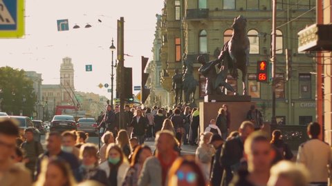Saint-Petersburg, RUSSIA - Sep 10 2021, Slow motion pedestrians walk along Nevsky Prospekt, on Sep 10, 2021 in Saint-Petersburg, Russia