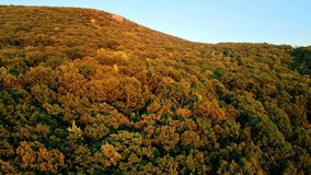 Beautiful aerial drone video footage of late summer and early fall in an Appalachian Mountain valley with forests and rolling green hills. In particular, New York's Hudson Valley during sunset.