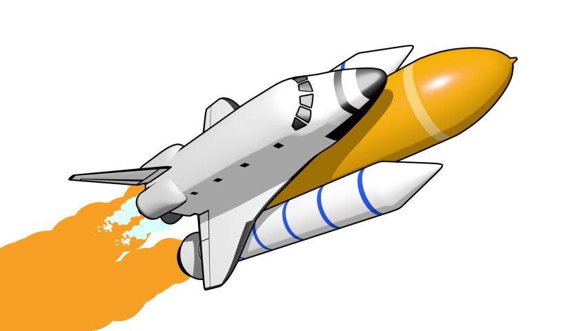 Animation of flat style spaceship rocket flying white background