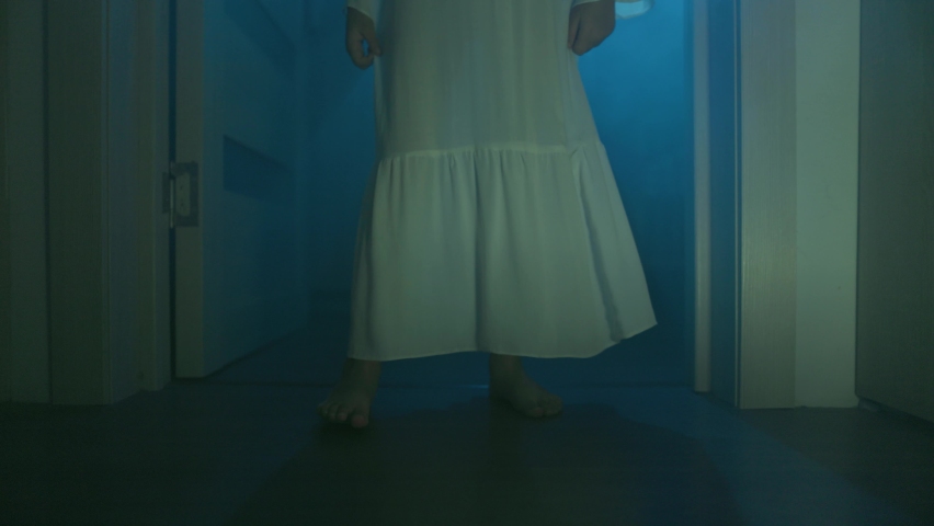 Ghost Girl In White Nightgown With Loose Hair In A Scary House