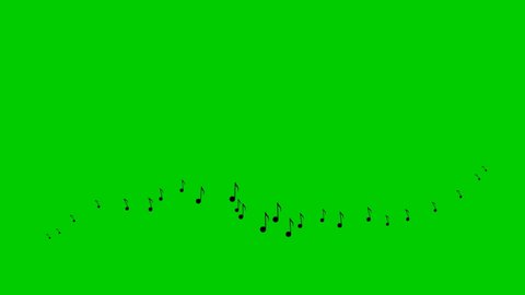 Animated black notes fly from left to right. A wave of flying notes. Concept of music. Vector illustration isolated on the green background.