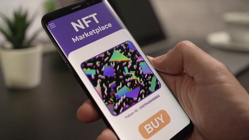 Artistic NFT Non-fungible token to buy on a smartphone virtual NFT marketplace. Browsing the different token