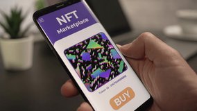 Artistic NFT Non-fungible token to buy on a smartphone virtual NFT marketplace. Browsing the different token - Powered by Shutterstock - Get 15% off with code: PIKWIZARD15
