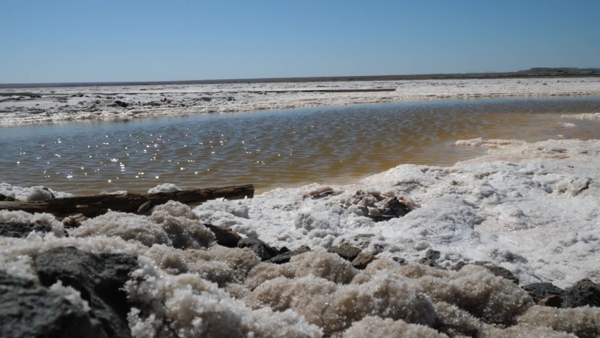 Baskunchak salt lake Aerial View from Drone. Tree stumps and pillars. 2K footage.