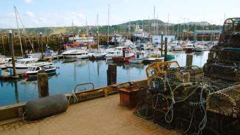 SCARBOROUGH, circa 2021 - Panoramic shot of Scarborough fishing harbour in North Yorkshire, England, UK, the largest holiday resort on the Yorkshire Coast