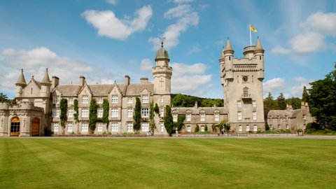 CRATHIE, SCOTLAND, circa 2021 - Cinematic view of Balmoral Castle, a large residence in Royal Deeside, Scotland, UK, developed by Queen Victoria in 1856