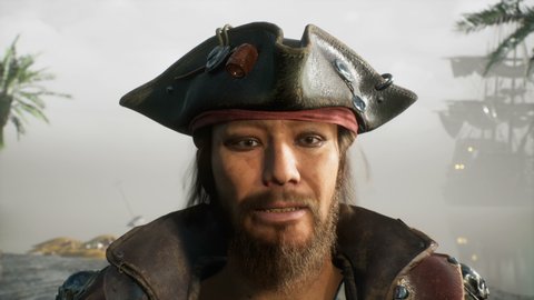 A jolly and menacing pirate winks. The man was created using 3D computer graphics. 3D rendering. A pirate on his pirate island. The animation is perfect for pirate and adventure backgrounds.