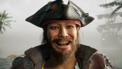 The pirate saw something funny and laughed. Laughing merry pirate. The man was created using 3D computer graphics. 3D rendering. The animation is perfect for pirate and adventure backgrounds.