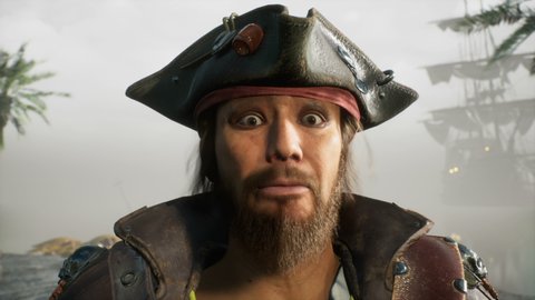 The pirate saw something unusual and was frightened. The man was created using 3D computer graphics. 3D rendering. The animation is perfect for pirate and adventure backgrounds.