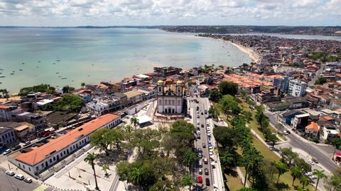 360 view of bay water of Salvador Bahia, Brazil and Bonfim church. Salvador Bahia. Salvador Brazil. 360 degrees. 360 panorama aerial view. 360 cicle. Aerial landscape of bay water of Salvador, Brazil.