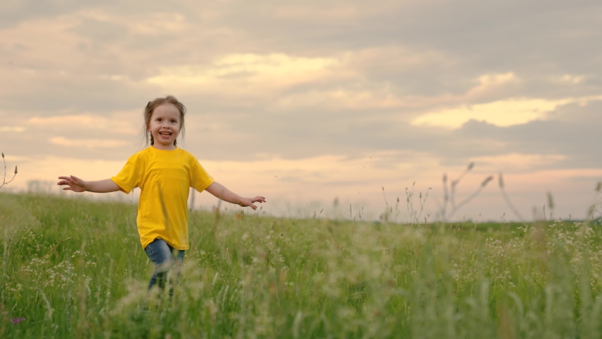 Happy child, girl runs in green grass, raising her hands, joy, smiles laughter. Happy little girl dreams of flying in nature. Children's fantasies. Child running through field of flowers. Happy family | Shutterstock HD Video #1079036729