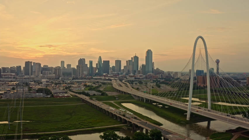 Aerial near Margaret Hunt Hill Bridge in Dallas Texas | Shutterstock HD Video #1079037362